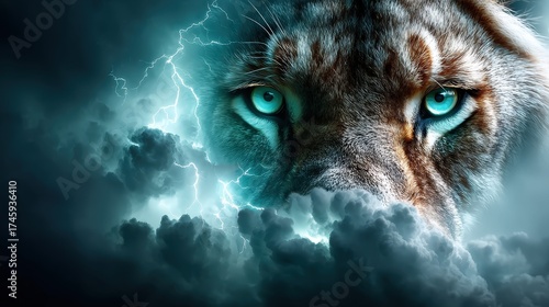 The vivid gaze of a tiger shines through dark, stormy clouds, encapsulating raw power and beauty, showcasing the fierce energy and energy of feline spirit in an atmospheric backdrop.