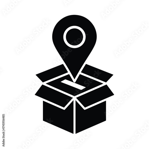 Location pin above open box icon for delivery and shipping services -  icon vector illustration - Logo vector icon symbol stock illustration