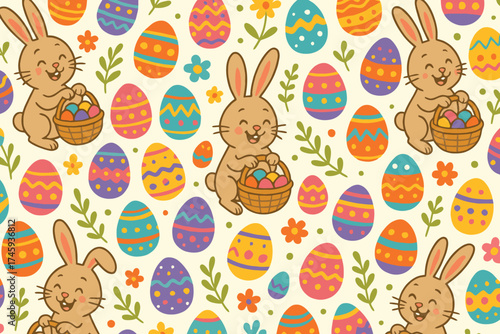 Cute hand drawn easter bunnies and colorful patterned eggs seamless pattern background
