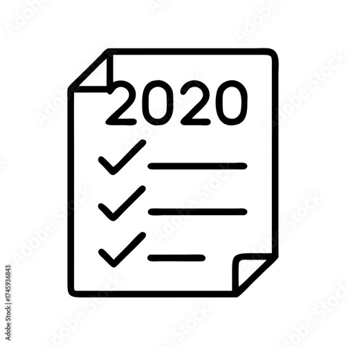 Vector art of 2020 todo list icon a simple outline illustration of a document with the year 2020 and a checklist of tasks completed