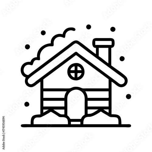 Vector art of cozy winter cabin covered in snow, a charming icon for holiday retreats and seasonal warmth
