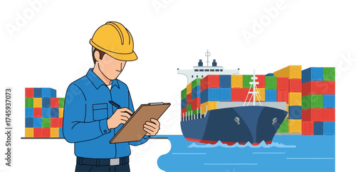 shipping logistics inspector checking cargo ship manifest against containers ensuring efficient global trade and supply chain optimization for importexport ops