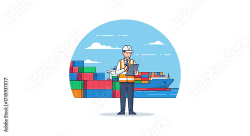 Shipping inspector with clipboard at cargo ship checks manifest for logistics freight forwarding distribution and global supply chain solutions.