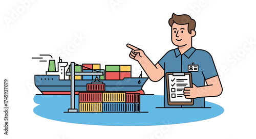 Shipping logistics manager inspecting cargo ship containers at the port for global trade overseeing distribution and international commerce.