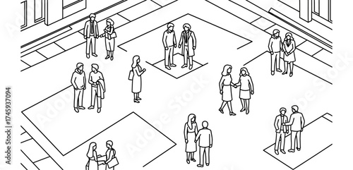 social distancing concept people standing in designated spaces maintaining distance in a public area illustrating safety and preventive measures