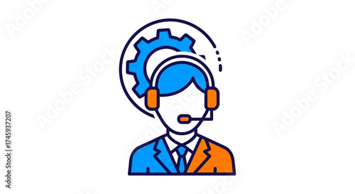 technical support specialist assisting with solutions wearing a headset in front of a gear illustrating expert assistance and client support