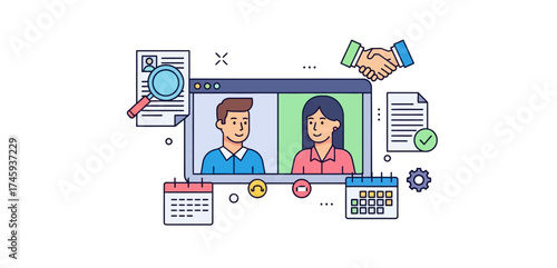 virtual job interview with online meeting featuring a man and woman indicating recruitment and hr management perfect for business presentations