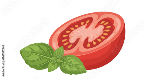 A vibrant image showcasing a halved tomato with visible seeds, accompanied by fresh basil leaves.