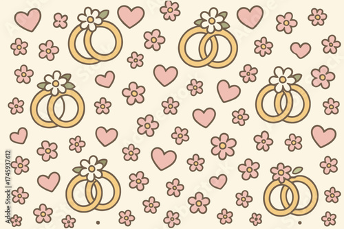 Seamless pattern of intertwined wedding rings adorned with flowers and scattered hearts for celebration and romance