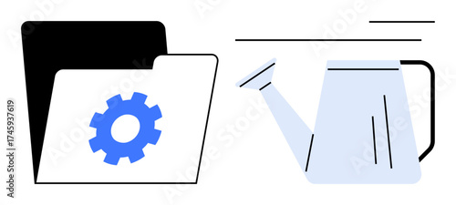 Folder with gear symbolizing system management alongside a watering can indicating nurturing growth. Ideal for business, technology, development, agriculture, sustainability, innovation, education