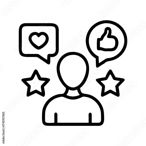 Vector art of person surrounded by social media icons, including a thumbs up, heart, and stars concept of social media influence