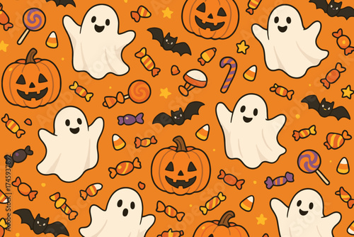 Cute halloween pattern with ghosts pumpkins bats and candy on orange background