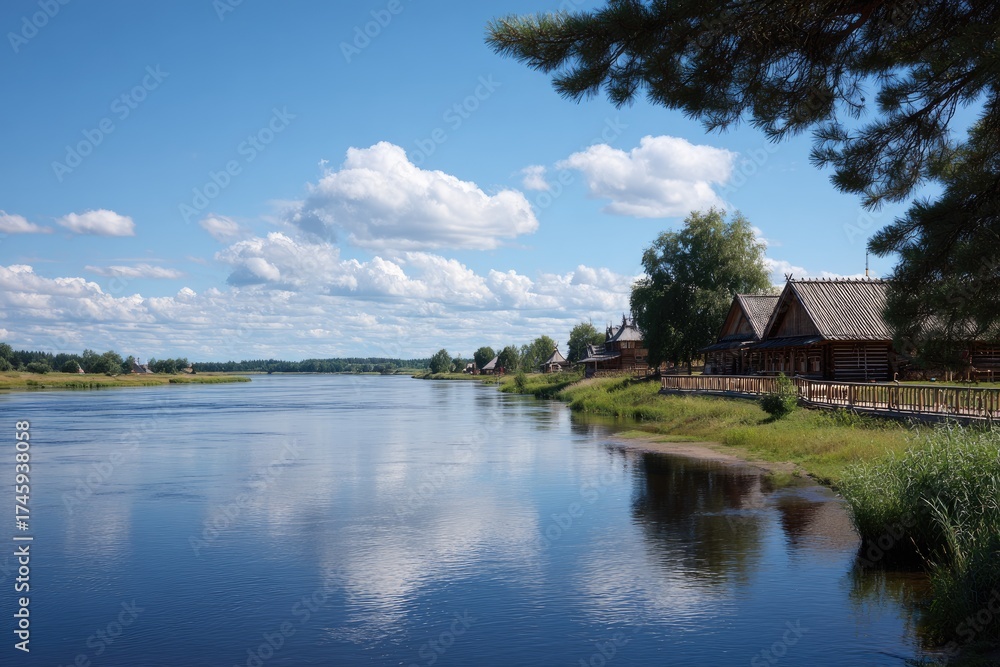 Fototapeta premium Wide river reflects a cloudy sky with wooden buildings and trees lining the shore