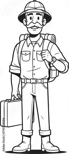 A black and white cartoon illustration of a friendly male explorer with a mustache wearing a pith helmet and carrying a backpack and suitcase.