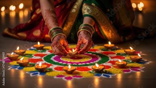 Close-up of hands with henna and bangles lighting a diya on a vibrant rangoli for Diwali.