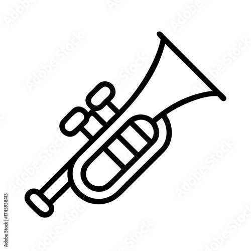 Illustration of a trumpet, a brass instrument used in music, with a simple and clean line art style design