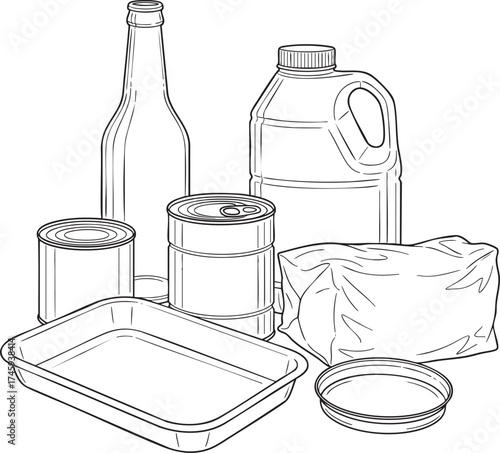 A black and white line art illustration of various food and drink packaging containers.