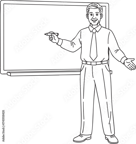 A black and white line drawing of a smiling male teacher or presenter standing by a blank whiteboard holding a marker.