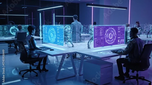 Team of Professionals Working on Holographic Screens in a Futuristic Office.