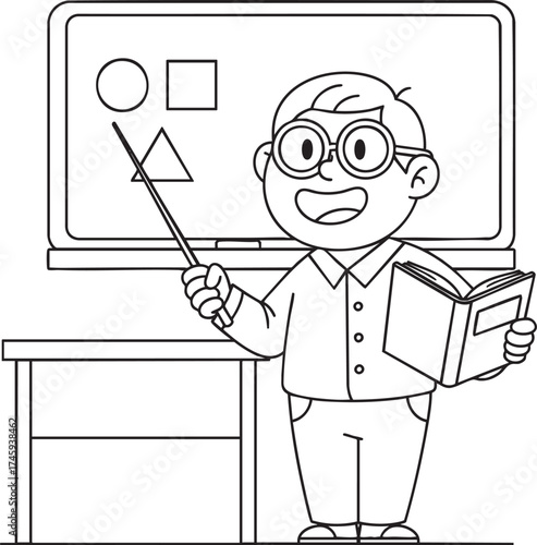 A cartoon male teacher with glasses pointing to geometric shapes on a whiteboard holding a book.