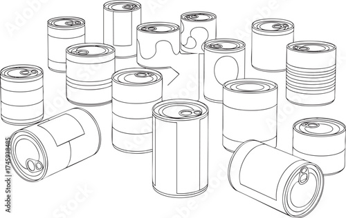 A collection of assorted tin and aluminum food cans in a black and white line art illustration.