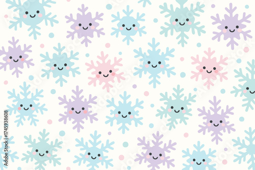 Cute kawaii snowflakes with happy faces seamless pattern in pastel colors for winter holidays