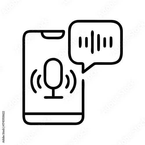 Vector art of voice assistant line icon smartphone with microphone and speech bubble for voice recognition and command