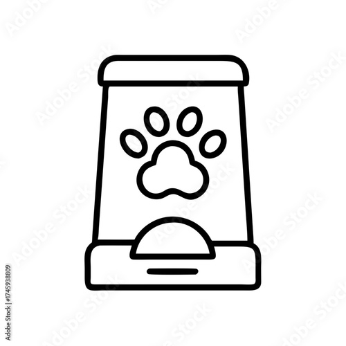 Vector art of outline icon of a pet food dispenser with a paw print automatic feeder for dogs and cats, providing portion control