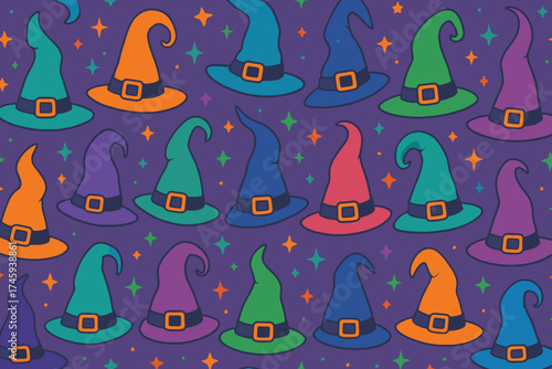 Whimsical halloween witch hats pattern with sparkles on a dark purple background