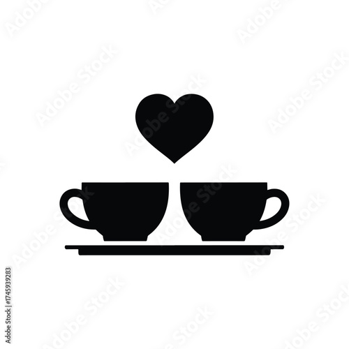 Two coffee cups and heart solid icon representing love and romance -  icon vector illustration - Logo vector icon symbol stock illustration