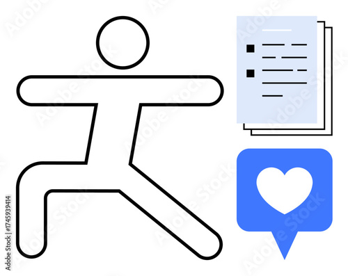 Stick figure in a yoga pose, checklist with tasks, and heart speech bubble. Ideal for wellness, fitness, mindfulness, personal growth, productivity healthcare and self-improvement. A simple flat