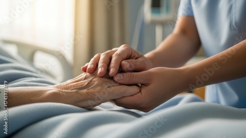A caregiver or nurse gently holding the hand of an elderly patient in a hospital bed.