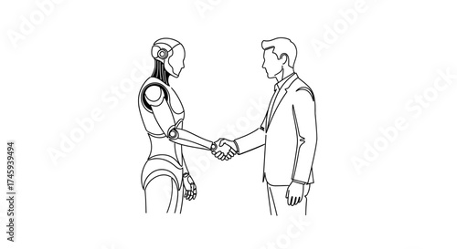 Vector human and robot shaking hands depicted with line art on a plain white setting view of the future