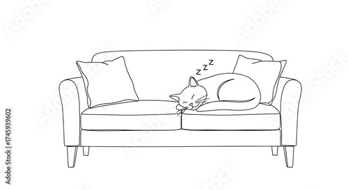 Vector a feline slumbering peacefully on a couch with pillows and dream zzz above its head in line art