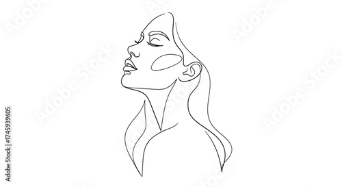 Vector line drawing of a woman looking up with eyes closed and flowing hair in a minimalist style art piece