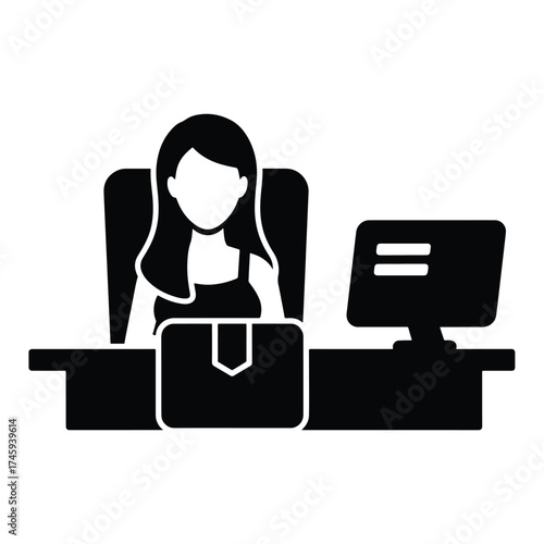 Woman at desk with computer and package solid icon -  icon vector illustration - Logo vector icon symbol stock illustration