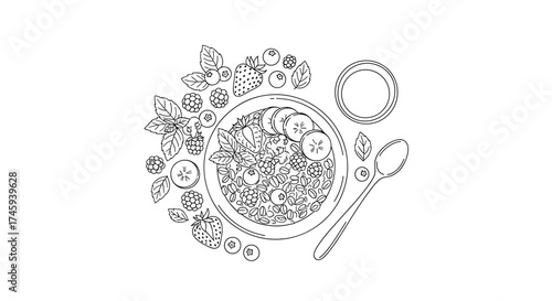 Vector outlined breakfast bowl with fruit and spoon next to a cup on a white presentation area