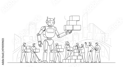 Vector human workers and a robot constructing with blocks in front of a cityscape outline illustration