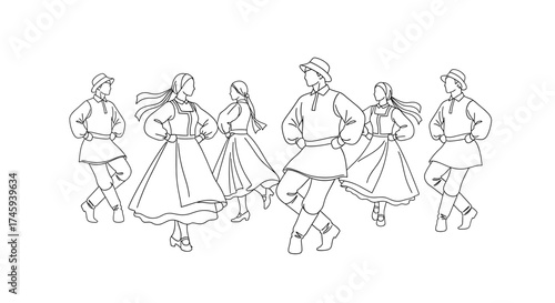 Vector group of people in folk costumes performing traditional dance illustration in line art style design