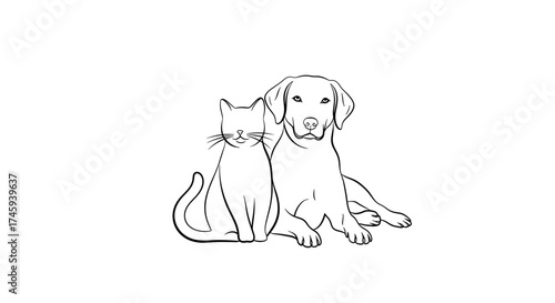 Vector linear drawing of a cat sitting next to a dog laying down, both facing forward in a friendly manner