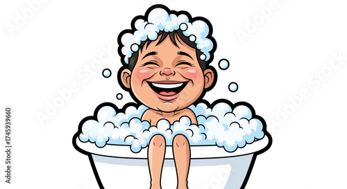 Joyful Child in Bathtub, Fun Bath Time, Home, Illustration, Cheerful Environment, Playful Viewpoint