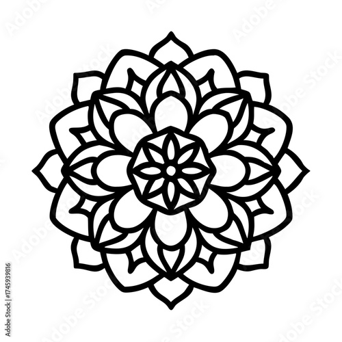 Vector art of elegant mandala vector illustration, showcasing intricate floral patterns and symmetrical design, ideal for coloring books and tattoos
