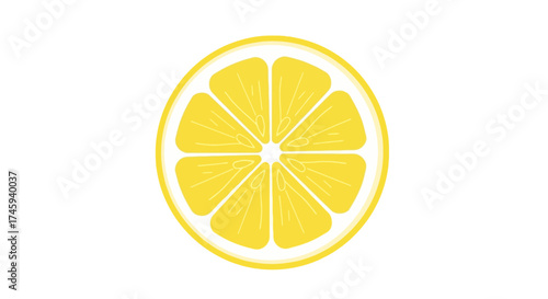 A bright yellow lemon slice with visible segments and a white background, showcasing its citrus texture.