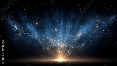 Bright blue starry sky with a bright light shining down on it. The light is surrounded by a lot of stars