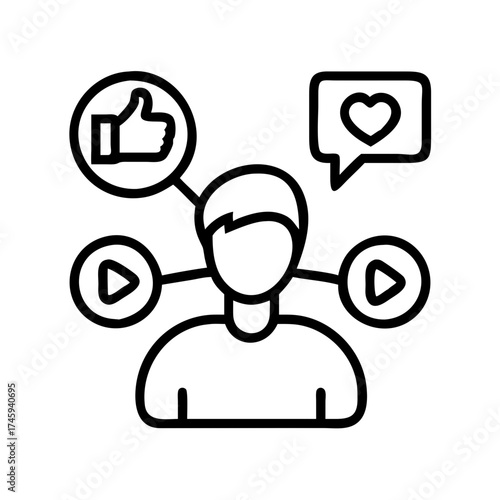 Vector art of person surrounded by social media icons, including a thumbs up, heart, and play buttons concept of social media influence