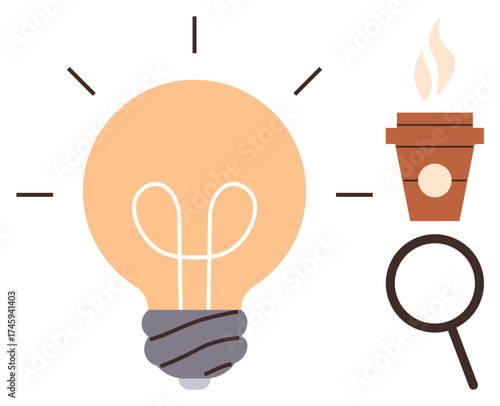 Light bulb as creativity, steaming coffee cup for energy, magnifying glass for research. Ideal for ideas, brainstorming, innovation, productivity, exploration focus motivation. Simple flat metaphor