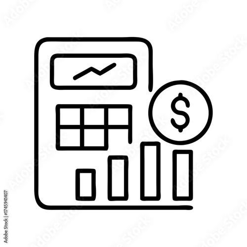 Vector art of financial analysis and investment growth concept calculator with bar graph and dollar coin representing profit calculation