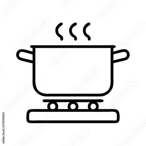 Vector art of cooking pot on a stove with steam simple outline vector icon for culinary, food preparation, or kitchenware concept