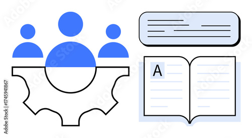 People within gear symbol, speech bubble, open book with text, emphasizing teamwork, learning, discussion, innovation, education collaboration process management. Ideal for business education