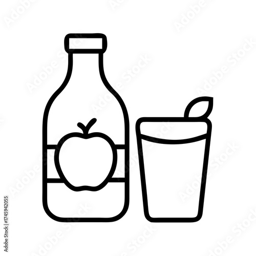 Vector art of apple juice in a bottle and a glass healthy drink concept, vector illustration in outline style